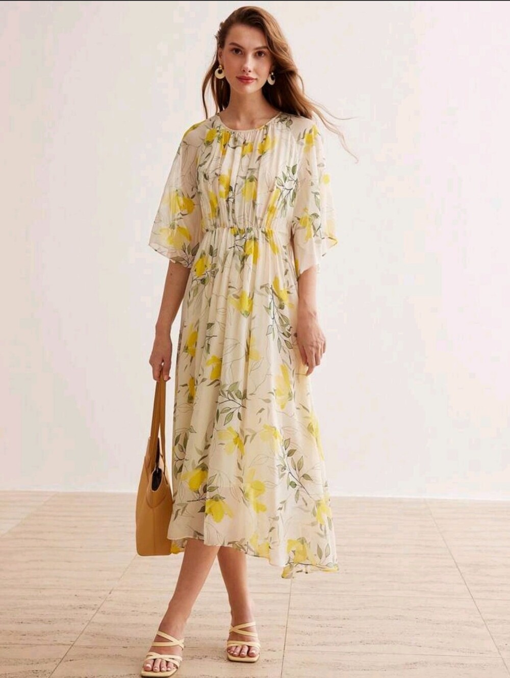 Elegant White & Yellow Floral Silk 100 % Midi Dress MOTF Size M